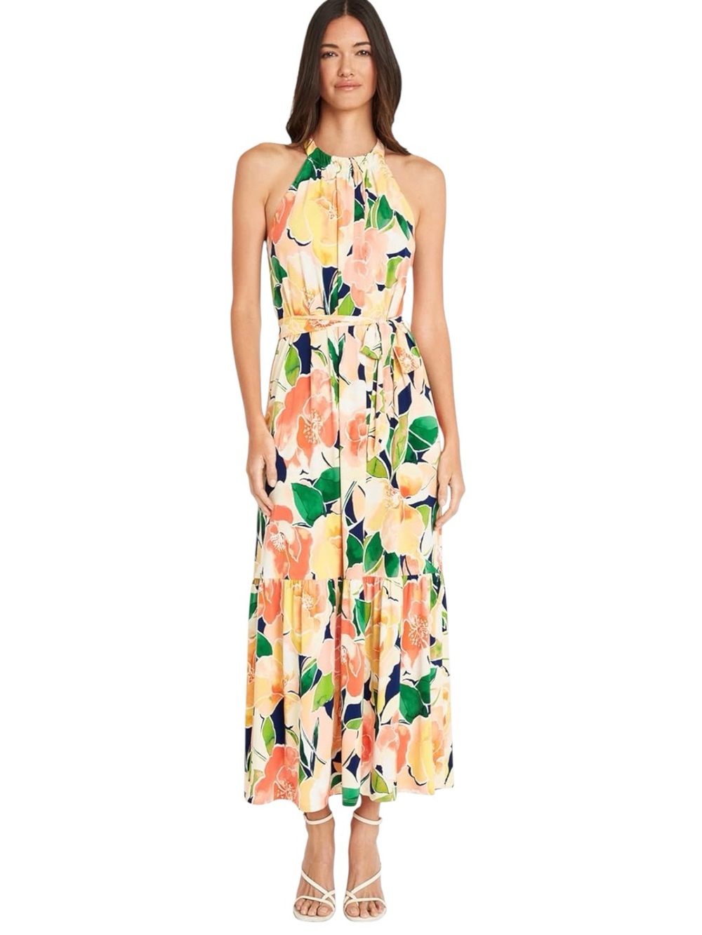 Maggy London Peach/Blue/Green Floral Lightweight Halter Maxi Dress (6)
